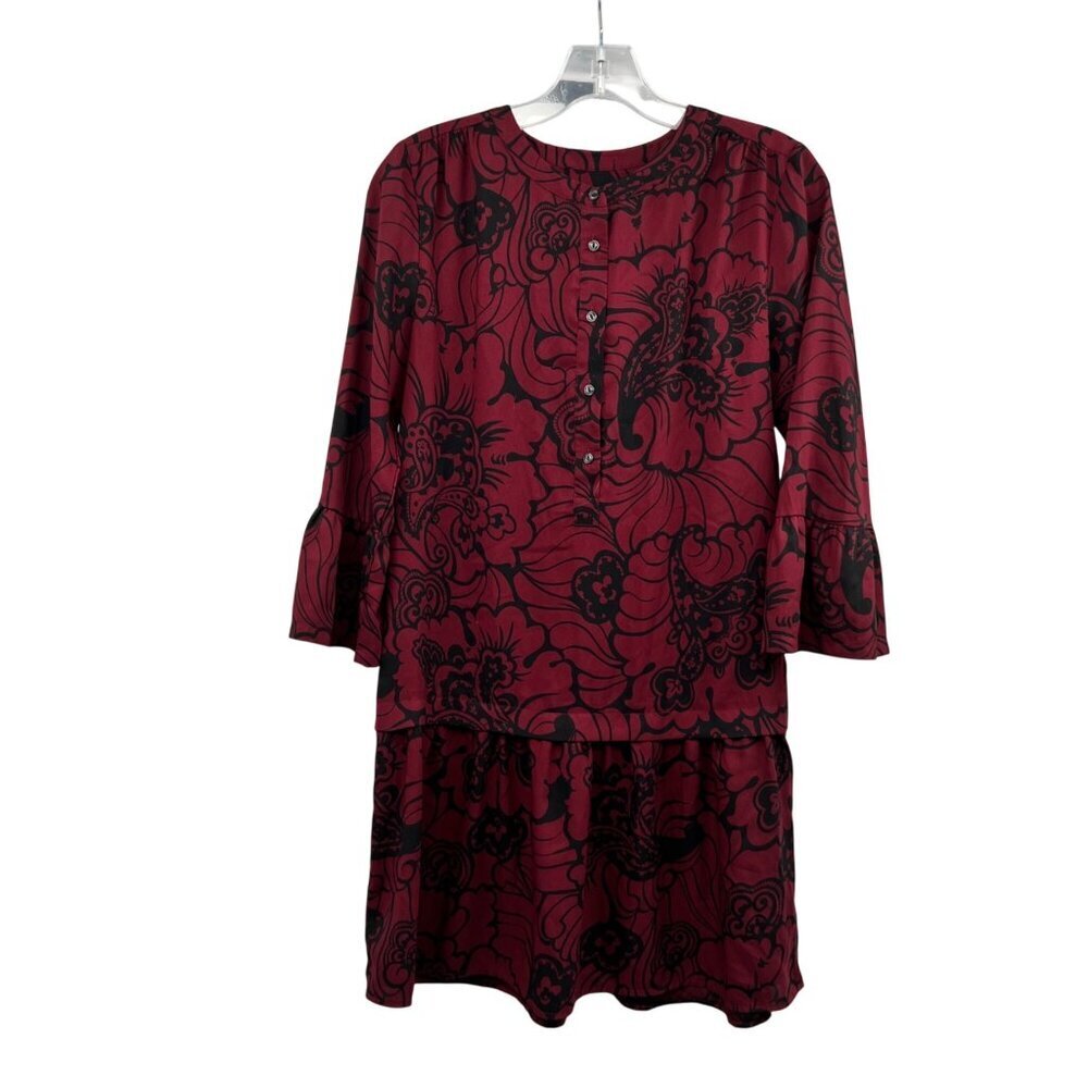 Loft Floral Drop Waist Shift Dress 3/4 Sleeve Maroon/Black Womens Size XS